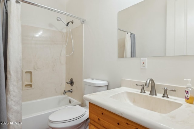 full bathroom featuring shower / bathtub combination with curtain, vanity, and toilet