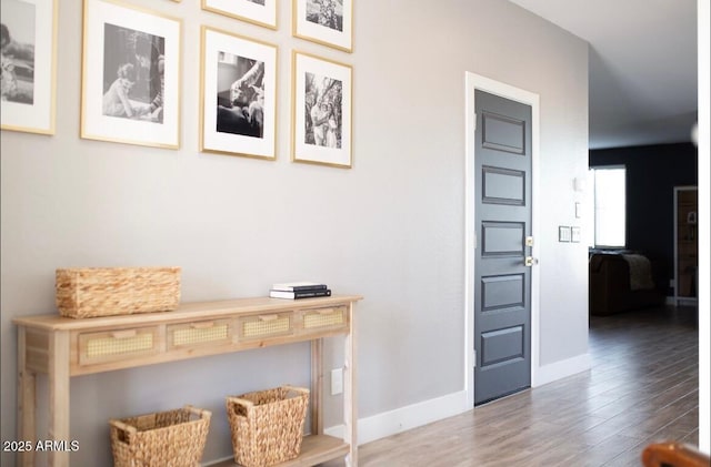 sitting room with baseboards and wood finished floors