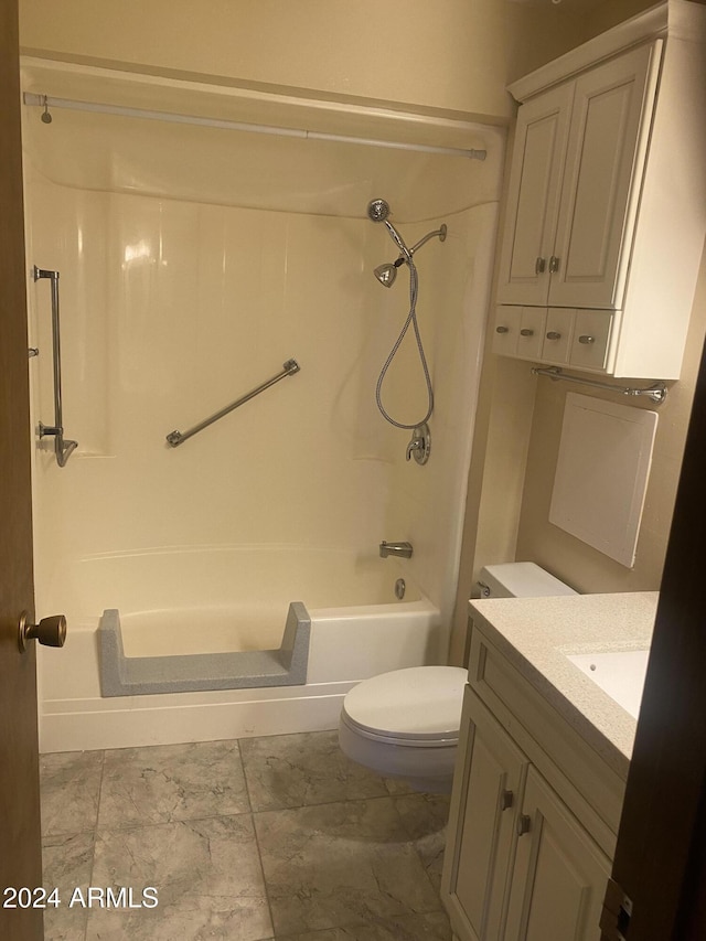 full bathroom with shower / bathing tub combination, vanity, and toilet