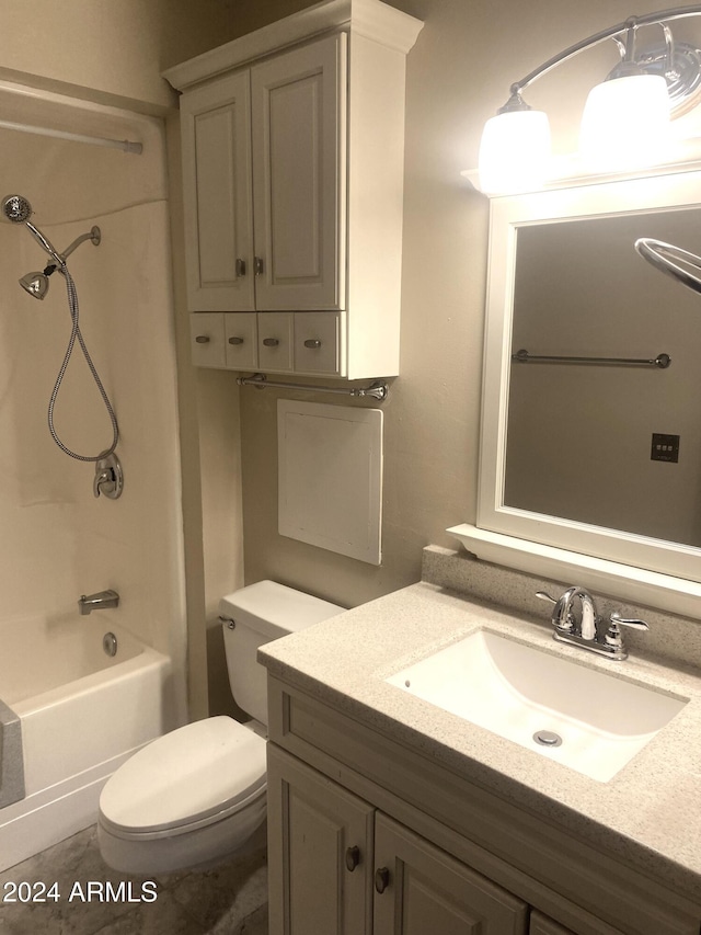 full bathroom featuring vanity, shower / bath combination, and toilet