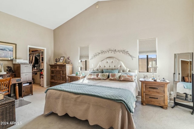 carpeted bedroom featuring high vaulted ceiling, a spacious closet, and a closet