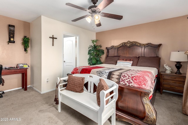 bedroom with light colored carpet and ceiling fan