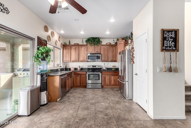 kitchen featuring ceiling fan, sink, and stainless steel appliances