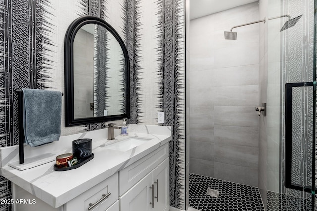 bathroom featuring vanity and walk in shower