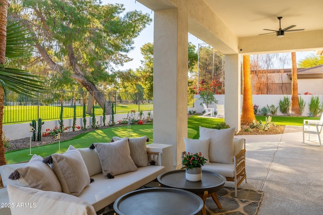 view of patio / terrace featuring an outdoor living space and ceiling fan