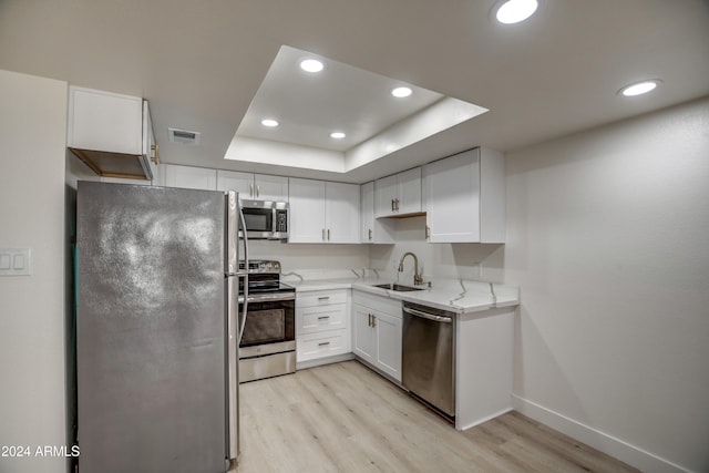 kitchen with sink, light hardwood / wood-style flooring, a tray ceiling, white cabinetry, and stainless steel appliances