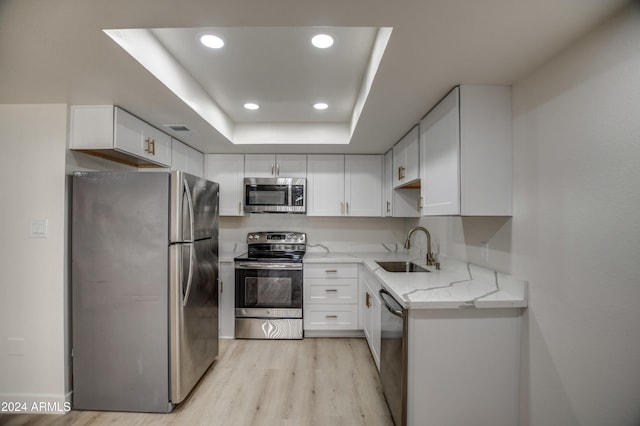 kitchen featuring appliances with stainless steel finishes, light wood-type flooring, a tray ceiling, sink, and white cabinetry