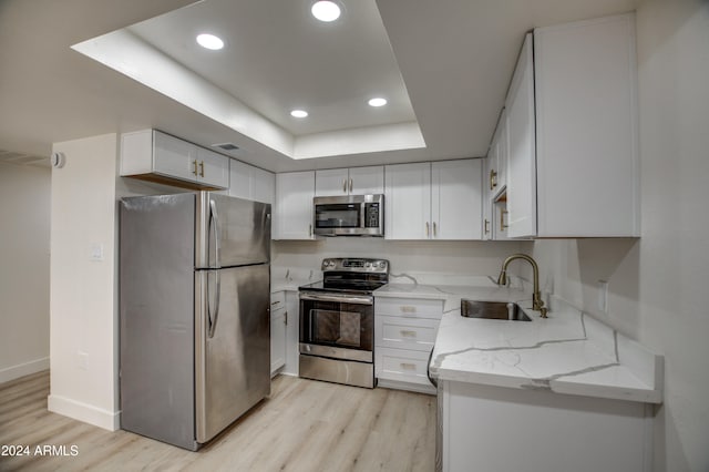 kitchen with sink, light hardwood / wood-style flooring, light stone countertops, white cabinetry, and stainless steel appliances