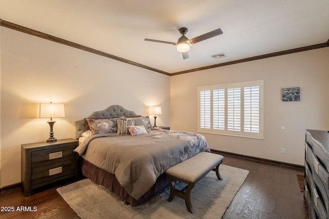1927 W Mine Trl, Phoenix, AZ 85085 - bedroom featuring ornamental molding, dark wood-type flooring, and ceiling fan