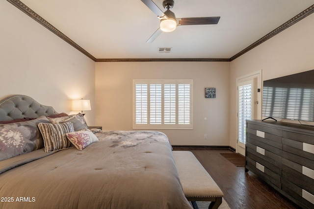 1927 W Mine Trl, Phoenix, AZ 85085 - bedroom featuring dark wood-type flooring, crown molding, and a ceiling fan