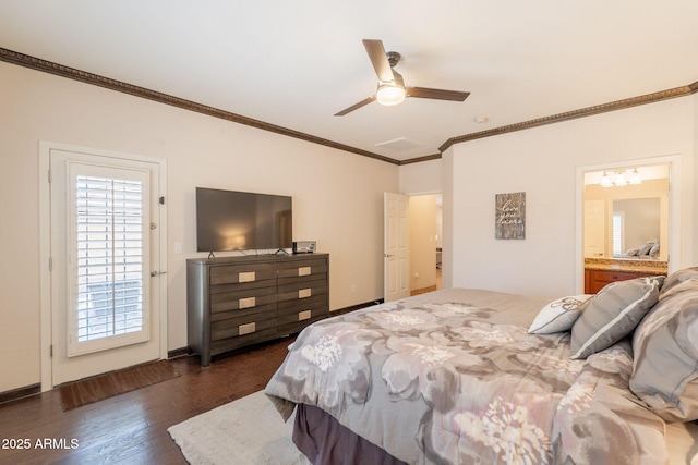 1927 W Mine Trl, Phoenix, AZ 85085 - bedroom featuring crown molding, dark wood-type flooring, a ceiling fan, and ensuite bathroom