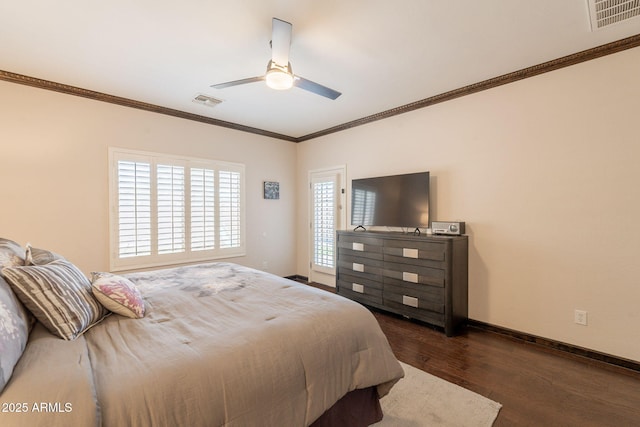 1927 W Mine Trl, Phoenix, AZ 85085 - bedroom with dark wood finished floors, crown molding, and a ceiling fan