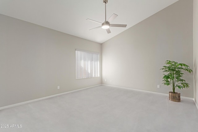 unfurnished room with vaulted ceiling, carpet, and ceiling fan