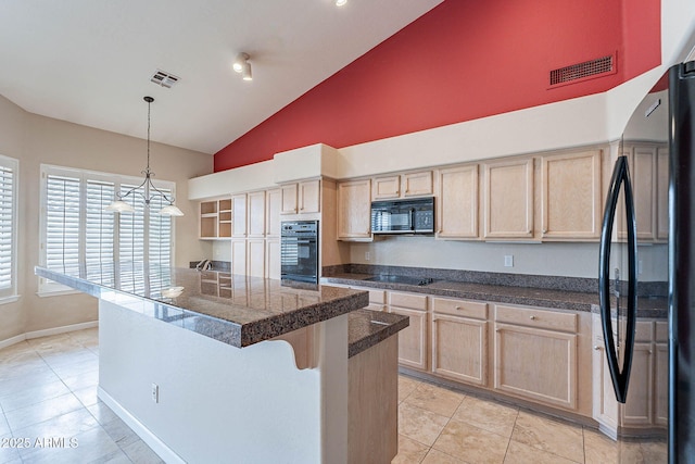 15809 S 31st St, Phoenix, AZ 85048 - kitchen with black appliances, tile countertops, light brown cabinets, high vaulted ceiling, and light tile patterned floors