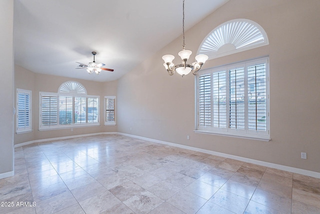 15809 S 31st St, Phoenix, AZ 85048 - spare room with ceiling fan, high vaulted ceiling, a chandelier, baseboards, and tile patterned floors