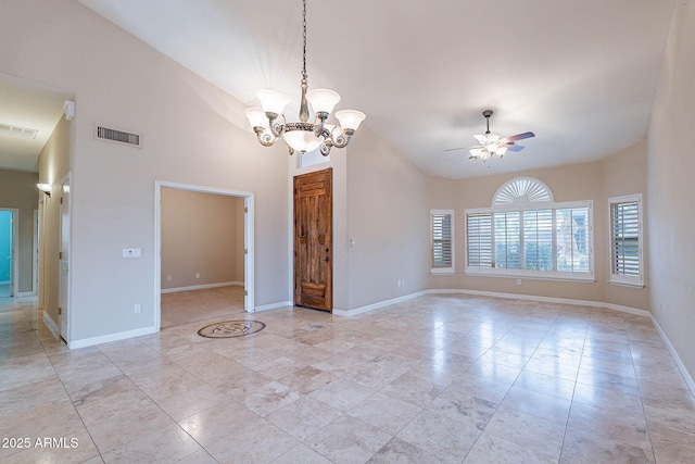 15809 S 31st St, Phoenix, AZ 85048 - empty room with a ceiling fan, a chandelier, baseboards, and high vaulted ceiling
