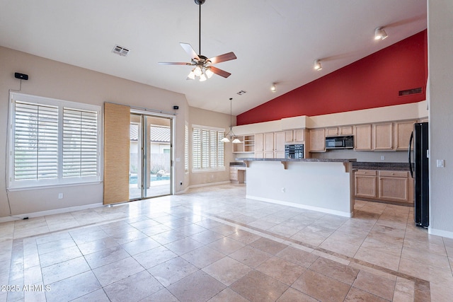 15809 S 31st St, Phoenix, AZ 85048 - kitchen featuring black appliances, baseboards, ceiling fan, open floor plan, and high vaulted ceiling