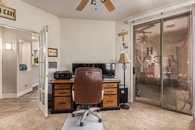 office featuring hardwood / wood-style floors and ceiling fan