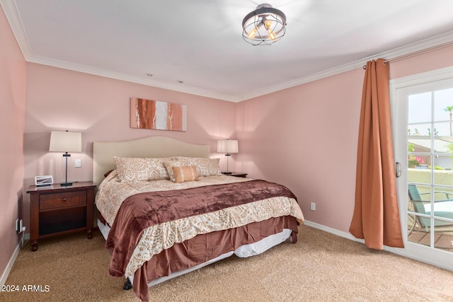 carpeted bedroom with access to exterior, baseboards, and crown molding