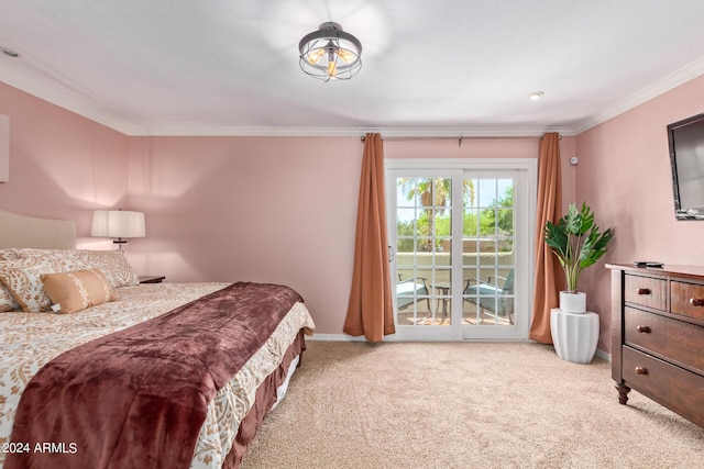 bedroom with access to outside, crown molding, baseboards, and carpet flooring