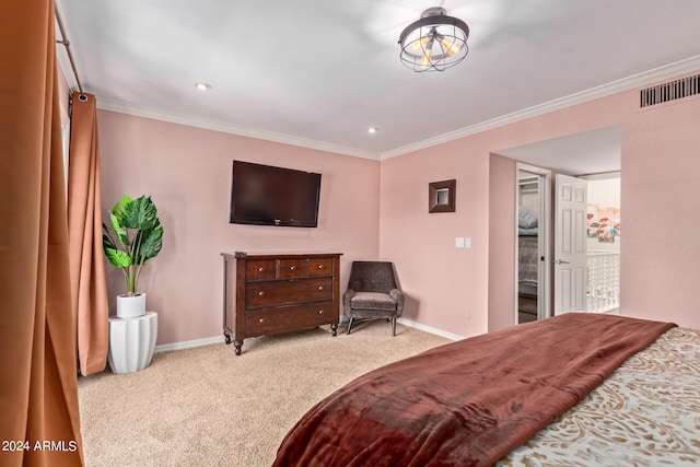 bedroom with carpet floors, visible vents, ornamental molding, and baseboards