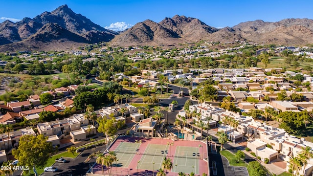 birds eye view of property with a residential view and a mountain view