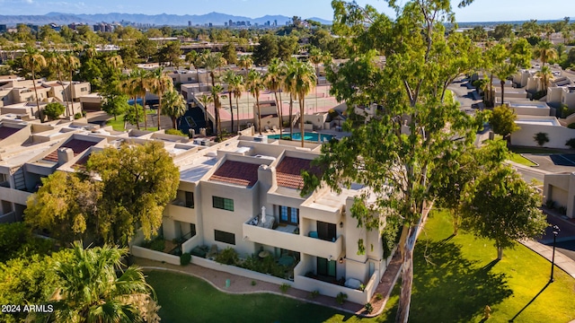 aerial view featuring a residential view and a mountain view