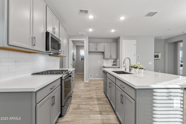 kitchen featuring gray cabinets, a center island with sink, appliances with stainless steel finishes, sink, and backsplash