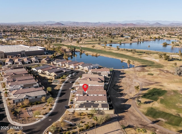 bird's eye view featuring a water and mountain view