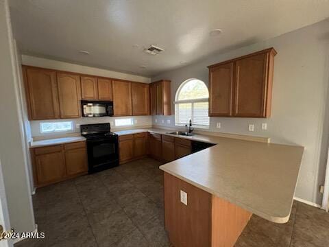 kitchen with kitchen peninsula, sink, and black appliances