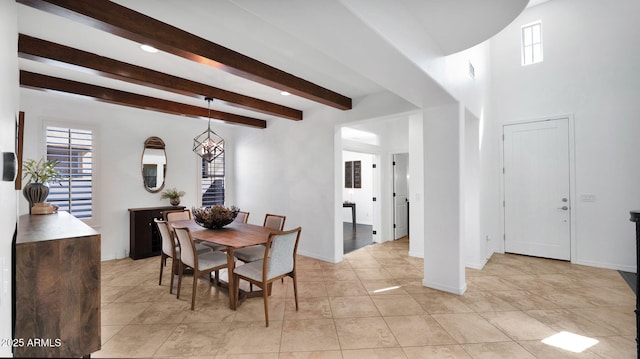 dining area with stairway, baseboards, beam ceiling, and light tile patterned flooring