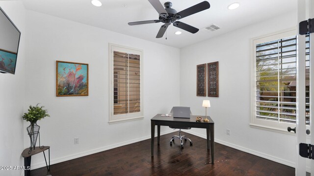 home office with visible vents, baseboards, wood finished floors, and recessed lighting