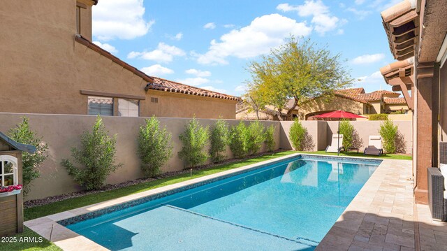 view of swimming pool with a patio, a fenced backyard, and a fenced in pool