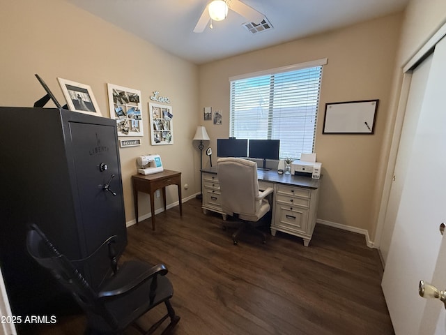 office area with baseboards, dark wood-style flooring, visible vents, and a ceiling fan