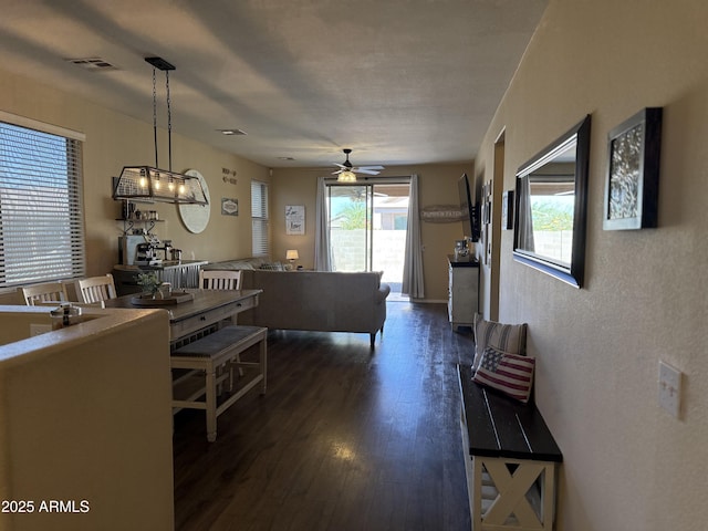 living room with a ceiling fan, visible vents, and dark wood finished floors
