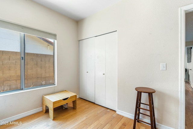 bedroom featuring a closet and light wood-type flooring