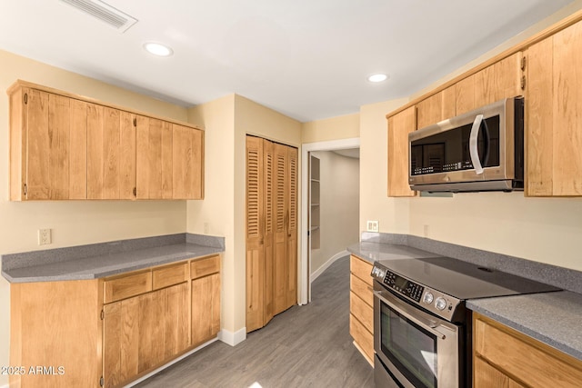 kitchen featuring dark wood-type flooring, light brown cabinetry, and stainless steel appliances