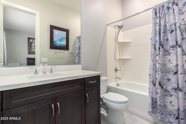 bathroom with toilet, shower / bath combination with curtain, and vanity