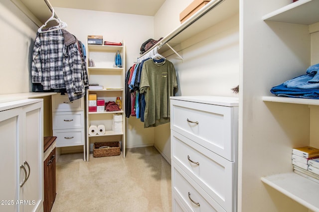 walk in closet featuring light carpet