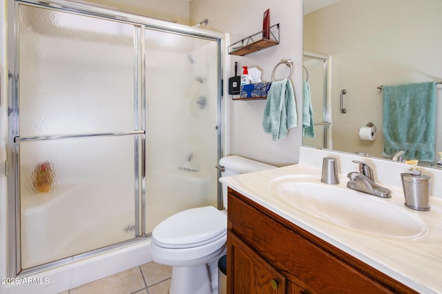 bathroom with tile patterned flooring, an enclosed shower, vanity, and toilet