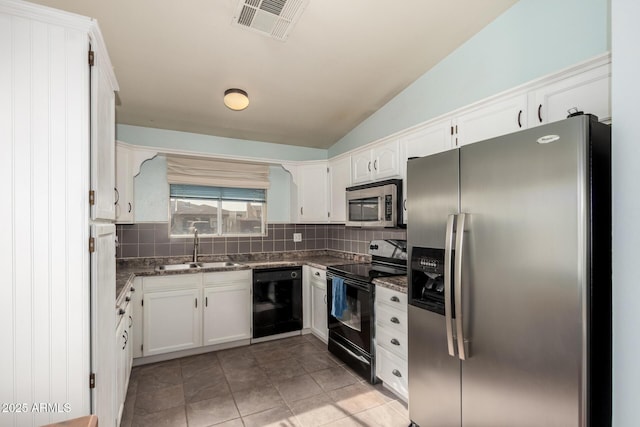 kitchen featuring black appliances, decorative backsplash, white cabinetry, and sink