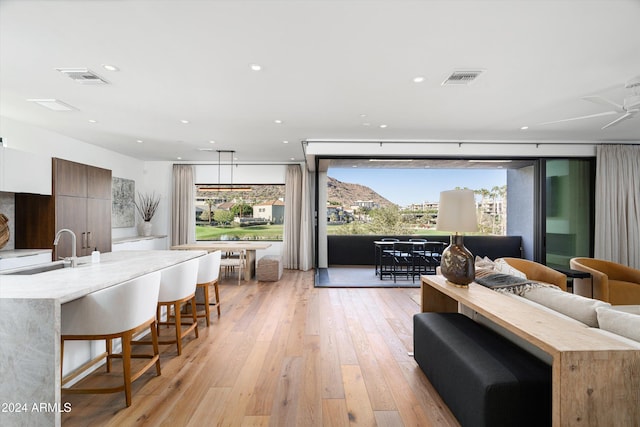 interior space featuring a breakfast bar, light hardwood / wood-style floors, ceiling fan, and sink