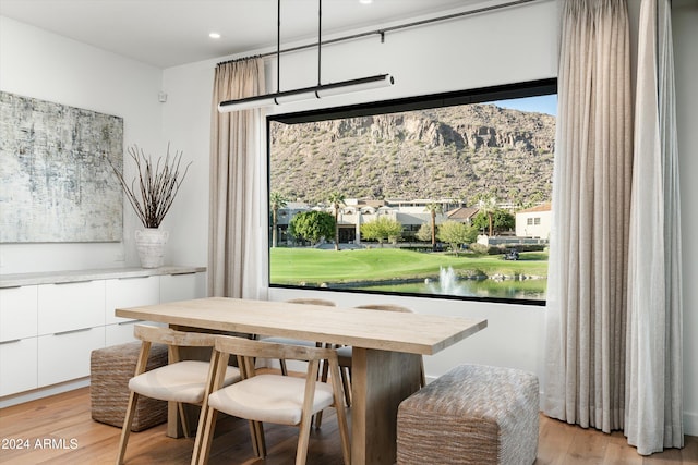 dining space featuring a water view, a healthy amount of sunlight, and light wood-type flooring