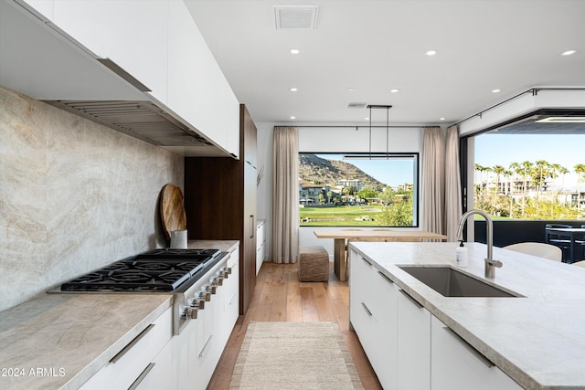 kitchen with sink, white cabinets, pendant lighting, and light hardwood / wood-style floors