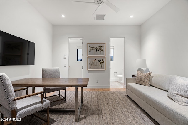 office featuring ceiling fan and hardwood / wood-style flooring