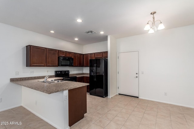 1950 N Center St Unit 115, Mesa, AZ 85201 - kitchen featuring black appliances, a sink, a peninsula, dark brown cabinetry, and recessed lighting