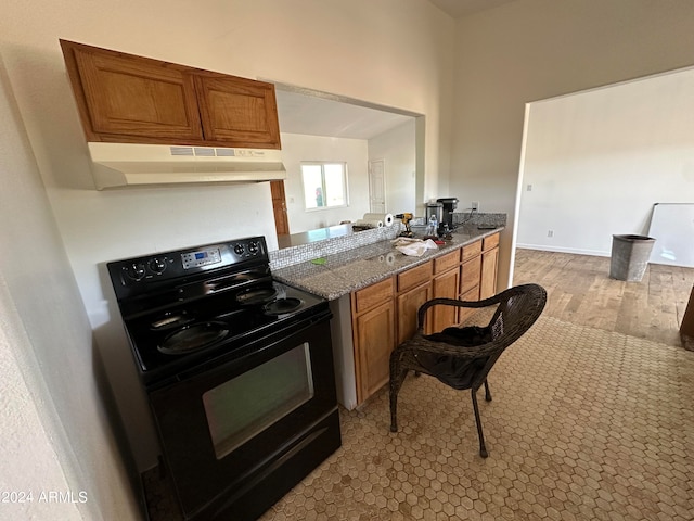 kitchen with black electric range oven, light wood-type flooring, and stone counters
