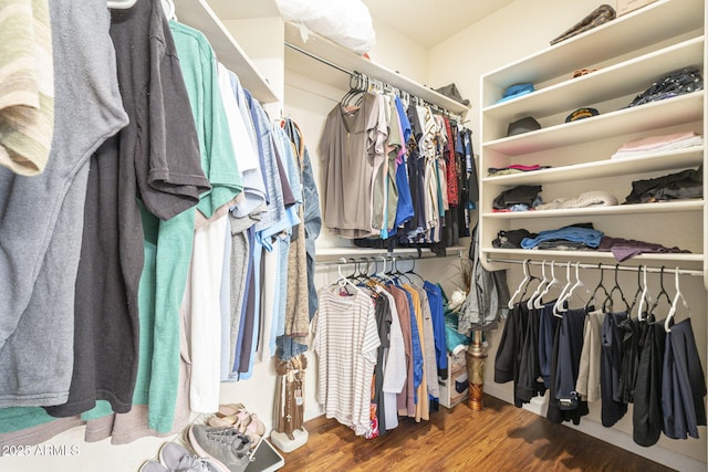 walk in closet with wood finished floors