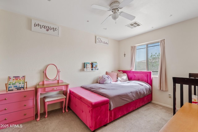 bedroom with visible vents, carpet floors, baseboards, and a ceiling fan