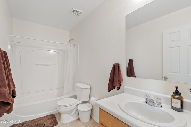 bathroom featuring tile patterned flooring, visible vents, toilet, shower / bath combination with curtain, and vanity